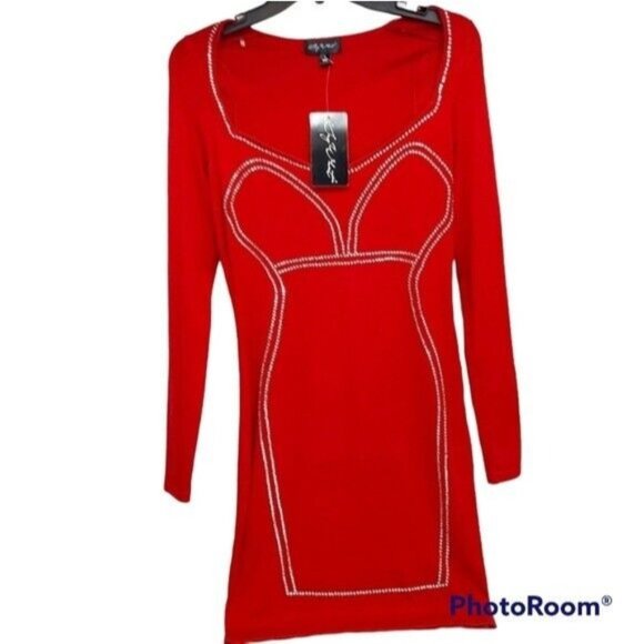 * Say what large red v neck long sleeve studded dress womens - Picture 5 of 9